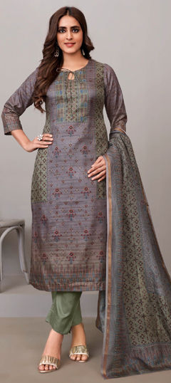 Black and Grey color Salwar Kameez in Silk fabric with Floral, Printed work