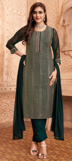 Green color Salwar Kameez in Silk fabric with Printed work