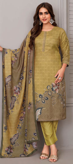 Yellow color Salwar Kameez in Silk fabric with Printed work