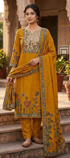 Yellow color Salwar Kameez in Silk fabric with Printed work