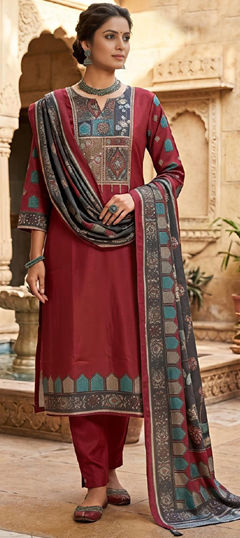 Red and Maroon color Salwar Kameez in Silk fabric with Printed work