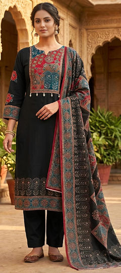 Black and Grey color Salwar Kameez in Silk fabric with Printed work
