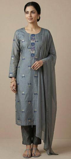 Black and Grey color Salwar Kameez in Silk fabric with Embroidered work