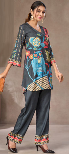 Black and Grey color Salwar Kameez in Silk fabric with Printed work