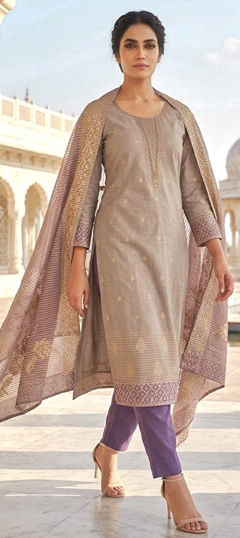 Beige and Brown color Salwar Kameez in Silk fabric with Embroidered work