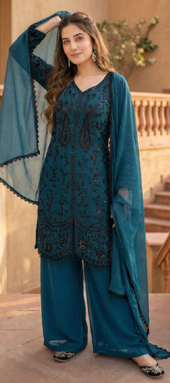 Blue color Salwar Kameez in Faux Georgette fabric with Cut Dana work