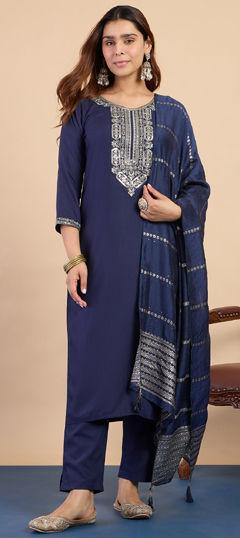 Blue color Salwar Kameez in Blended Cotton fabric with Embroidered work
