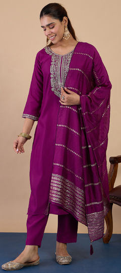 Purple and Violet color Salwar Kameez in Blended Cotton fabric with Embroidered work