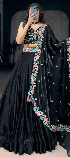 Black and Grey color Lehenga in Tissue fabric with Embroidered, Sequence, Thread work