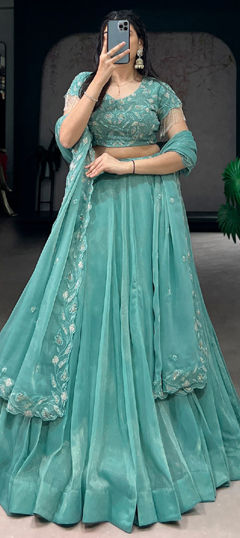 Blue color Lehenga in Tissue fabric with Embroidered, Sequence, Thread work