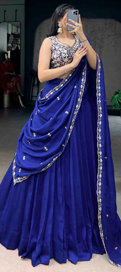 Blue color Lehenga in Tissue fabric with Embroidered, Sequence, Thread work