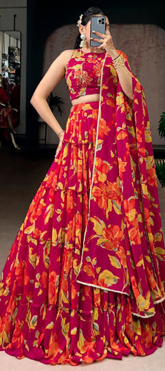 Pink and Majenta color Lehenga in Georgette fabric with Floral, Printed work