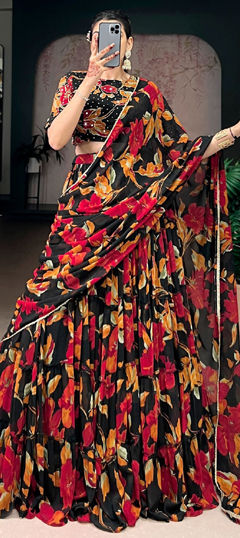 Black and Grey color Lehenga in Georgette fabric with Floral, Printed work
