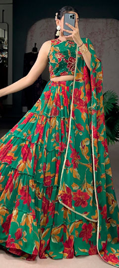 Green color Lehenga in Georgette fabric with Floral, Printed work