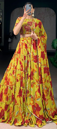 Yellow color Lehenga in Georgette fabric with Floral, Printed work