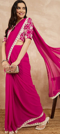 Pink and Majenta color Saree in Georgette fabric with Embroidered work
