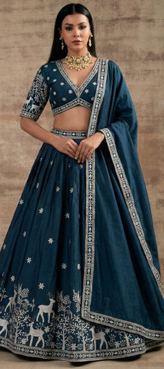Blue color Lehenga in Satin Silk fabric with Resham, Sequence, Thread, Zari work