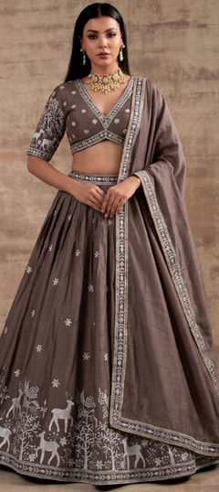 Beige and Brown color Lehenga in Satin Silk fabric with Printed, Sequence, Thread, Zari work