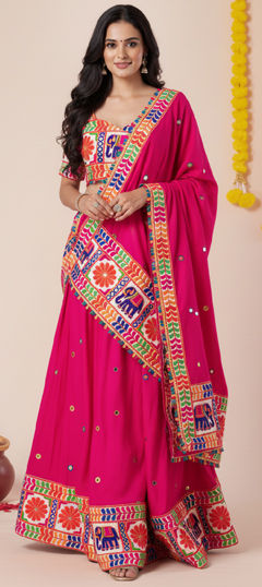 Pink and Majenta color Lehenga in Rayon fabric with Embroidered, Gota Patti, Thread work