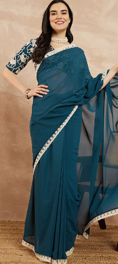 Blue color Saree in Georgette fabric with Embroidered work