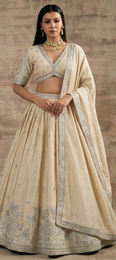 White and Off White color Lehenga in Satin Silk fabric with Resham, Sequence, Thread, Zari work