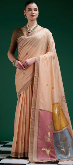 Beige and Brown color Saree in Cotton fabric with Printed work