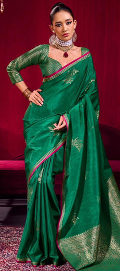 Green color Saree in Linen fabric with Weaving work