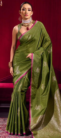 Green color Saree in Linen fabric with Weaving work
