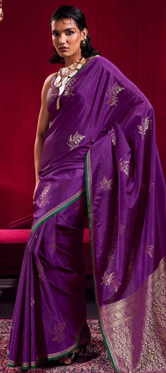 Purple and Violet color Saree in Linen fabric with Weaving work