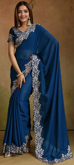 Blue color Saree in Georgette fabric with Embroidered work