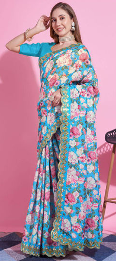 Blue color Saree in Silk fabric with Embroidered, Floral, Printed, Thread work