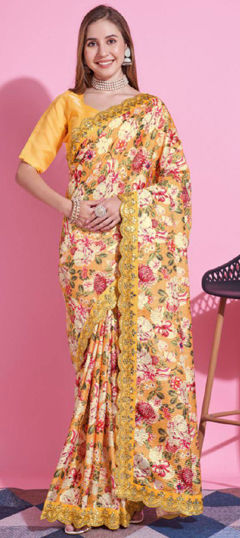 Yellow color Saree in Silk fabric with Embroidered, Floral, Printed, Thread work