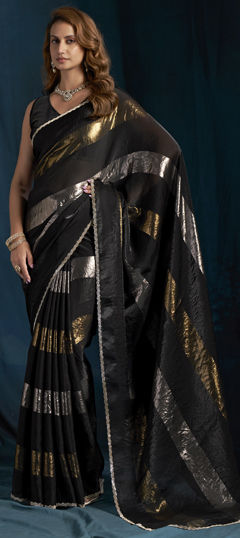Black and Grey color Saree in Satin Silk fabric with Zircon work