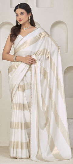 White and Off White color Saree in Satin Silk fabric with Zircon work