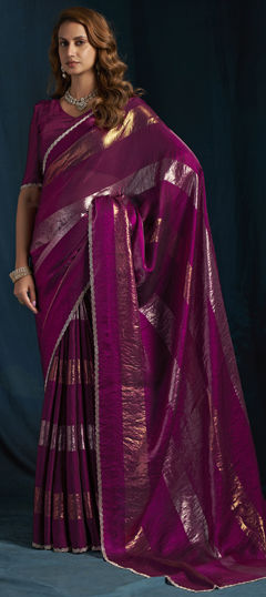 Purple and Violet color Saree in Satin Silk fabric with Zircon work