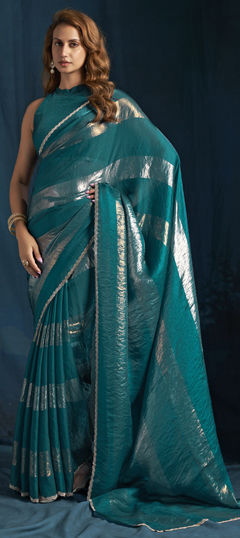 Green color Saree in Satin Silk fabric with Zircon work