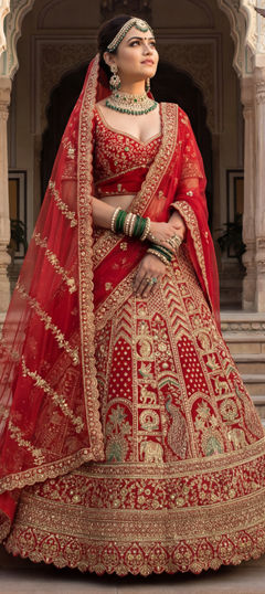 Red and Maroon color Lehenga in Silk fabric with Embroidered, Sequence work