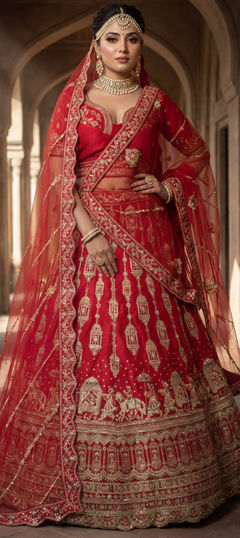 Red and Maroon color Lehenga in Silk fabric with Embroidered, Sequence work