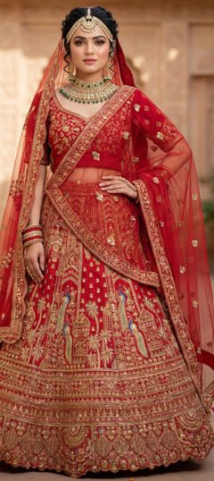 Red and Maroon color Lehenga in Silk fabric with Embroidered, Sequence work