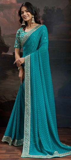 Blue color Saree in Art Silk fabric with Embroidered, Sequence, Thread work