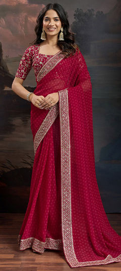 Red and Maroon color Saree in Art Silk fabric with Embroidered, Sequence, Thread work