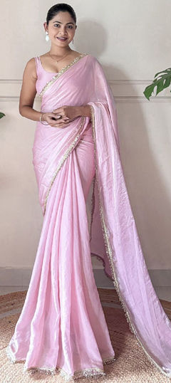 Pink and Majenta color Saree in Tissue fabric with Lace work