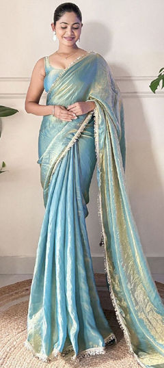 Blue color Saree in Tissue fabric with Lace work
