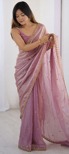 Pink and Majenta color Saree in Tissue fabric with Embroidered, Sequence work