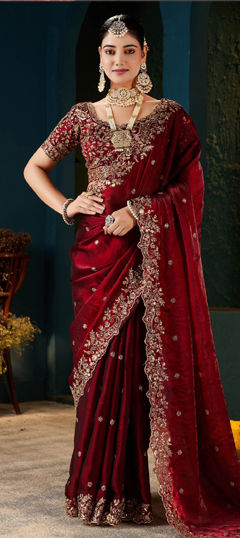 Red and Maroon color Saree in Tissue fabric with Embroidered, Sequence work