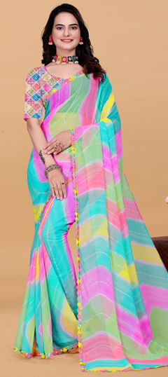 Multicolor color Saree in Georgette fabric with Lace, Printed work