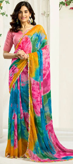 Multicolor color Saree in Georgette fabric with Lace, Printed work
