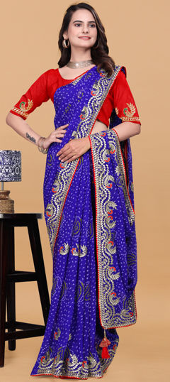 Blue color Saree in Georgette fabric with Bandhej, Embroidered, Printed work