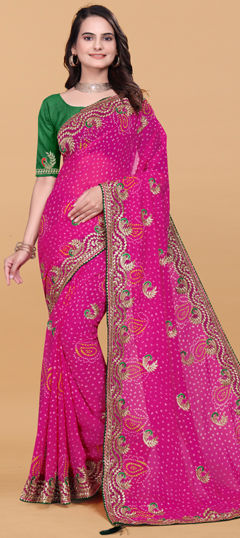 Pink and Majenta color Saree in Georgette fabric with Bandhej, Embroidered, Printed work