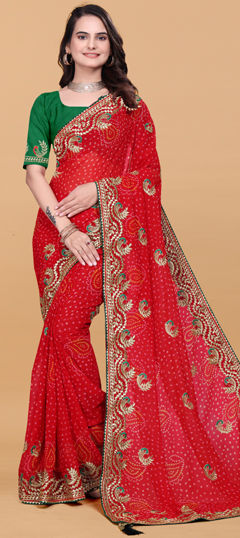 Red and Maroon color Saree in Georgette fabric with Bandhej, Embroidered, Printed work